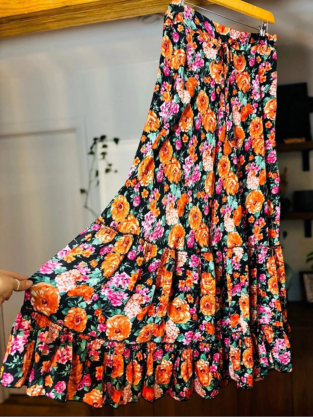GOLD & SILVER PARIS Floral Boho Tiered Maxi Skirt with Tassels